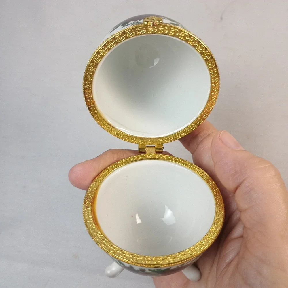 Porcelain Trinket Box Hand Painted Egg Metal Hinge Magnet Closure Floral 4